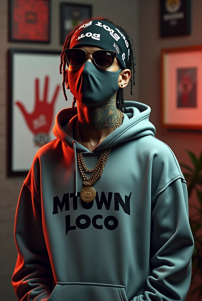 A rapper boy, on photoshoot studio, wearing hiphop necklace wearing OG written on it, ash colour hair braids, wearing bandana, Grey hoodie and jogers, MTOWN LOCO written on the front of hoodie, gangster look, realistic,tattoos on neck, hiphop pictures on the background, good lightning, face covered with ski mask, y2k sun glasses,