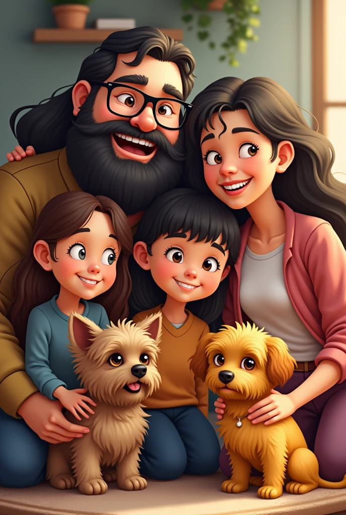 A chubby man with a dark beard, long hair and black glasses with a chubby woman with braces and glasses with shoulder-length hair, a chubby girl with long hair and a mole near her mouth ,A thin girl with hair below her shoulders, one with hair above the shoulder and with bangs, a small dog with curly hair of the Yorkshire breed and another dog of the Yorkshire breed in yellow color.