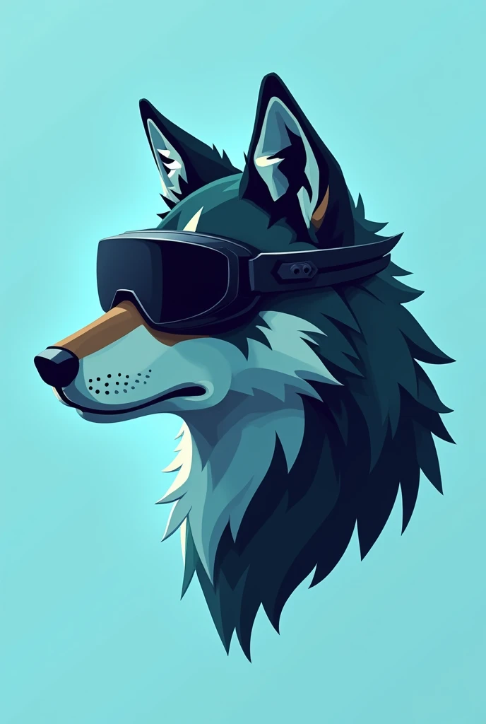 Instagram logo, wolf head in profile with black drone goggles, cubism and minimalist, in Cyan and Silver colors, that the image has few details and is in 2d