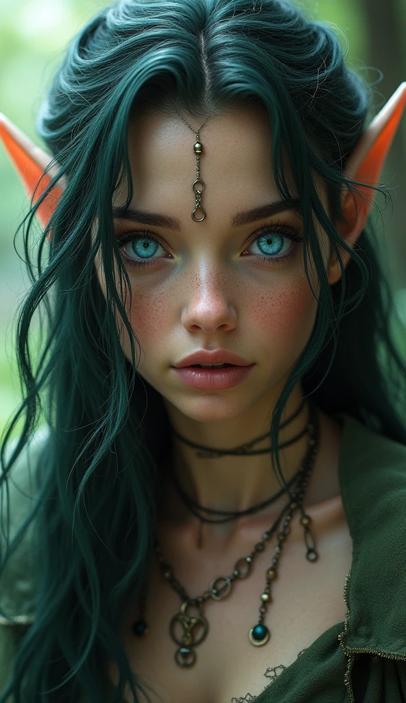 a blue-eyed elf woman with lots of hair and piercings, elf girl, female elf, portrait of an elf, elven, hyperrealistic fantasy art, a portrait of an elf, detailed matte fantasy portrait, detailed fantasy digital art, beautiful forest elf, Focused Elf, fantasy portrait, Elfpunk, Elf Princess, very beautiful elf portrait