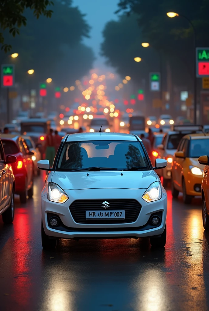 White swift vdi with registration number HR 13 M 2072 driving in indian traffic night