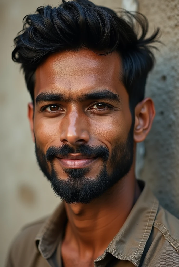 A cute 20 years old indian man , rough dry face skin , full body view, black short beard, short hair
