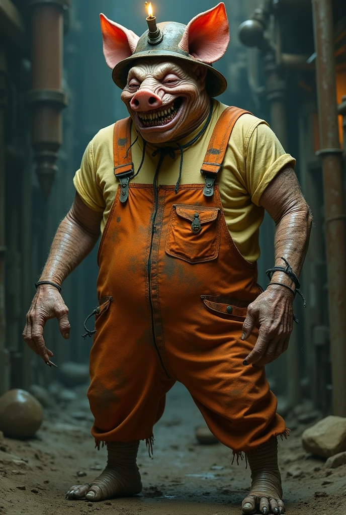A  big grotesque, non-human humanoid creature with a distorted, toothless grin stretching unnaturally across its face. Its eyes are perpetually closed, adding an air of eerie mystery. It wears a worn miner's hat with a dim torch flickering on top. The creature's skin is gnarled and twisted, with pig ears crudely sewn onto its head. Its torso and legs are massive and hulking, contrasting sharply with its thin, grotesquely elongated arms. The creature is clad in a tattered orange jumpsuit over a faded yellow shirt. It is an ancient, malevolent being that feeds on the souls of children. (full body)