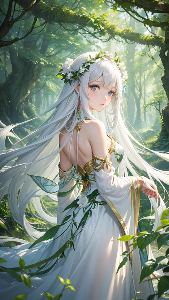 masterpiece, superb painting, illustration, 1 girl, cute, (dynamic light: 1.2), cinematic light, delicate facial features, (beautiful eyes: 1.2), (bright green eyes: 1.233), waterfall braid, extra long white hair, elf ears, depth of field, background bokeh, clear focus, (super detailed, halo, glow: 1.4), long white hair, beautiful girly face, fair, medium, (bare shoulders: 1.1), (nude: 1.1), dress, trimmed white, delicate gorgeous, (slit sleeves, wide sleeves), leafy green hairpin