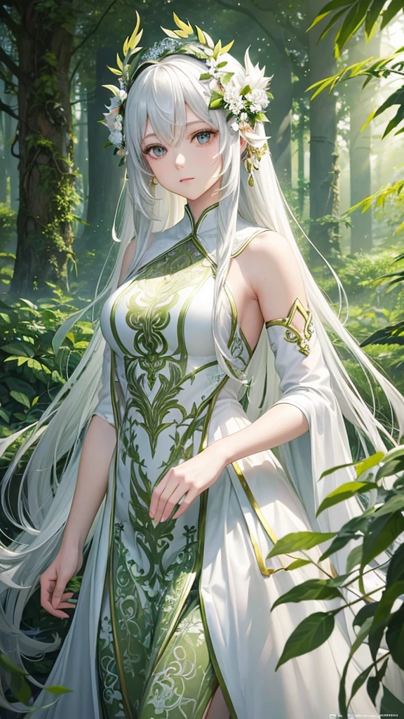 "Create a digital anime style illustration of a beautiful forest goddess。, Flowing white hair. She should wear a detailed all-over white dress decorated with leaf and floral patterns., Perfect for a fantasy theme. The dress design should not expose too much skin.,  Use additional fabric or natural elements such as leaves and vines to cover. Characters should have an elegant and mature appearance, Look Around 2, With expressive eyes and a calm expression, just raise the wide angle a little.. The background is rich, A mysterious forest woven with soft light and shining plants, Enhance the mystical atmosphere."