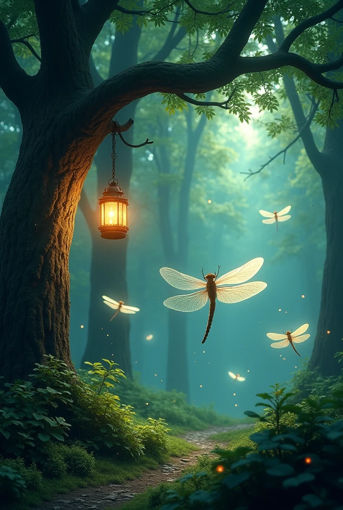 Enchanted forest with floating and luminous dragonflies ,a tree with a lantern hanging shining