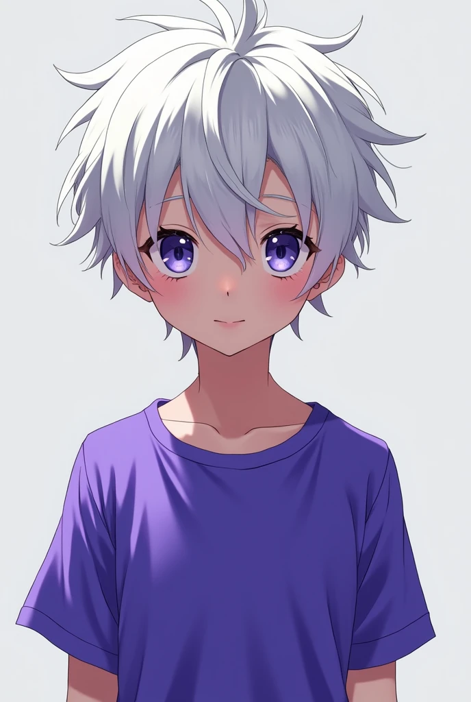 create A boy character with white hairs hairs and purple blue t shirt Anime and he looking to me