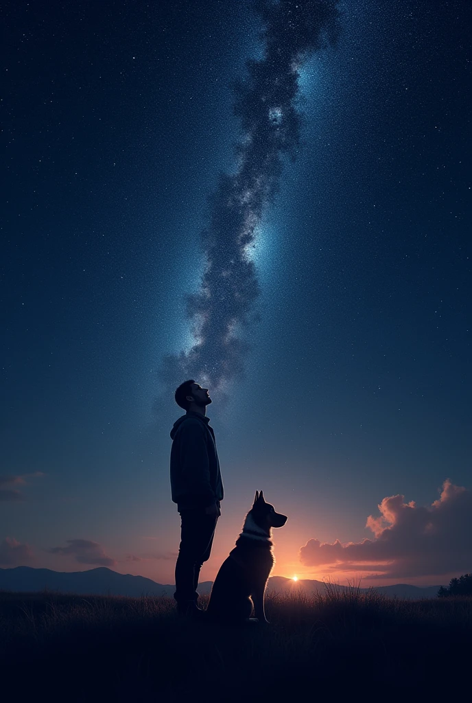 A man and his dog looking at black milkyway
