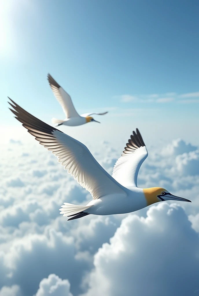 Two gannet birds flying 