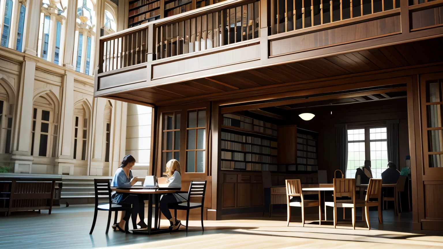 Architecture, wood, library, realistic book with table and chairs and people reading and drinking coffee 3D