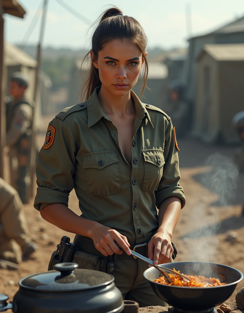 (Photorealism:1.2), beautiful woman, Female soldier cooking food, Combat Uniform