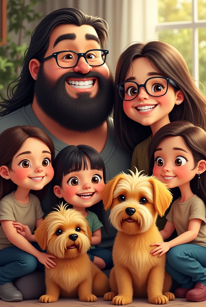 A chubby man with a dark beard, long hair and black glasses with a chubby woman with braces and glasses with shoulder-length hair, a chubby girl with long hair and a mole near her mouth ,A thin girl with hair below her shoulders, one with hair above the shoulder and with bangs, a small dog with curly hair of the Yorkshire breed and another dog of the Yorkshire breed in yellow color.