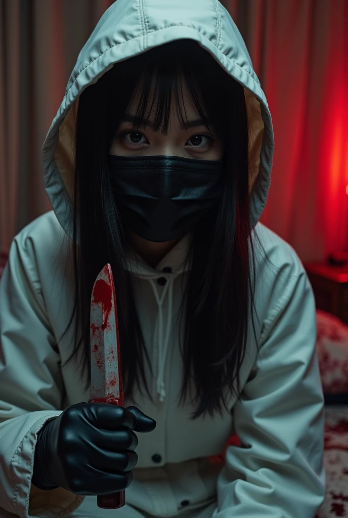 korean girl, (behind corpse, holding knife), black surgical mask, black gloves, room full of blood, black raincoat, hood up, holding knife, black gloves, woman on top, behind corpse, blood splatter, on the bed, mass murderer, killer, long bangs, blood splatter, dark atmosphere, cinematic lighting, atmospheric realistic, light from the window, close-up,
