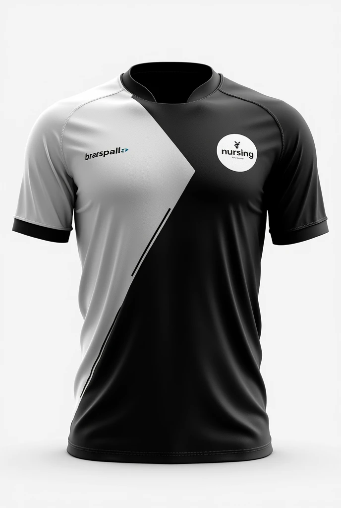 Create a black and white nursing sports shirt, with a circular logo of the small nursing lamp on the right side and inside it says nursing, Men&#39;s and women&#39;s t-shirts back and front, maintain this latest model 