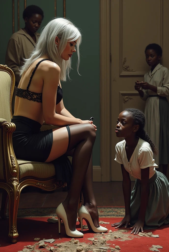 An English woman, wealthy, rich, powerful, arrogant, bad and cruel, with silver hair, is dressed in a black miniskirt, black stockings, white high-heeled sandals, is sitting with her friends in front of a table with food, and He spits the food from his mouth onto the ground.
Under the table a malnourished black maid and her black children lying face down pick up and lick the garbage from the floor that the woman throws and spits out. in the background a luxurious room and kneeling black servants.
