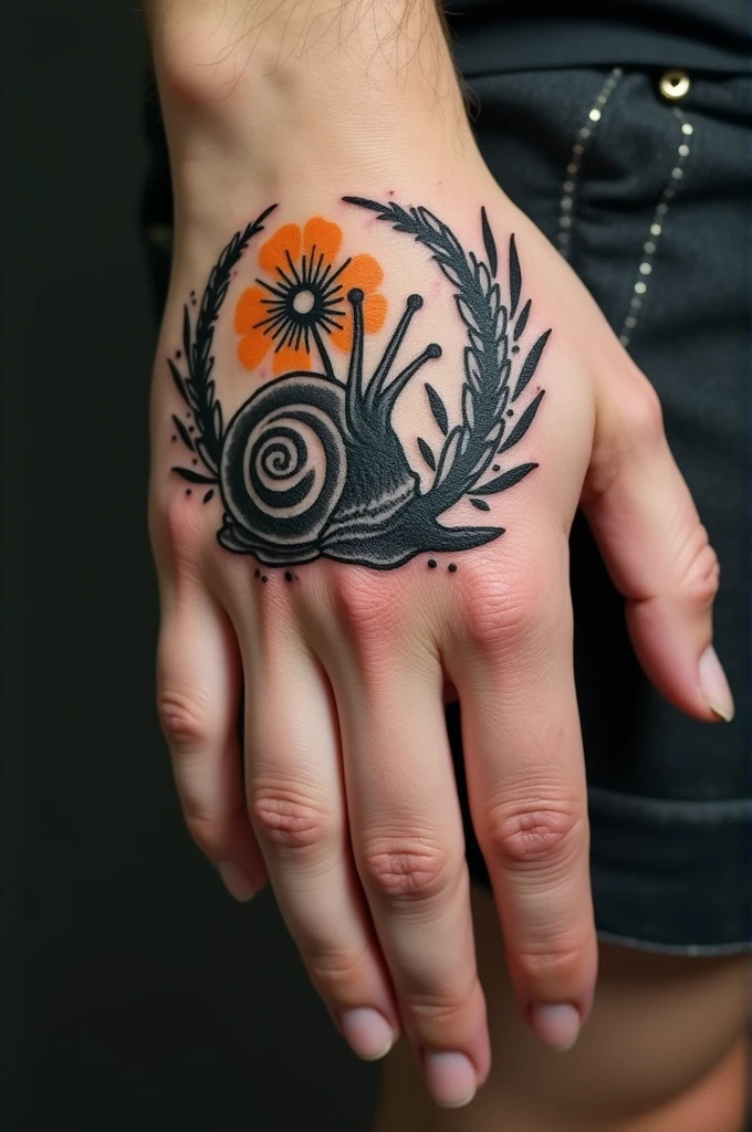 can you make me a picture with a tattoo on the whole hand in which there is a forget-me-not flower next to the god Atlas holding Pascal's snail on his back don t forgot the god Atlas 