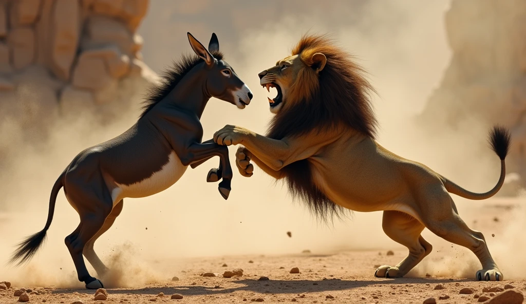A donkey attacks a lion with its hind legs