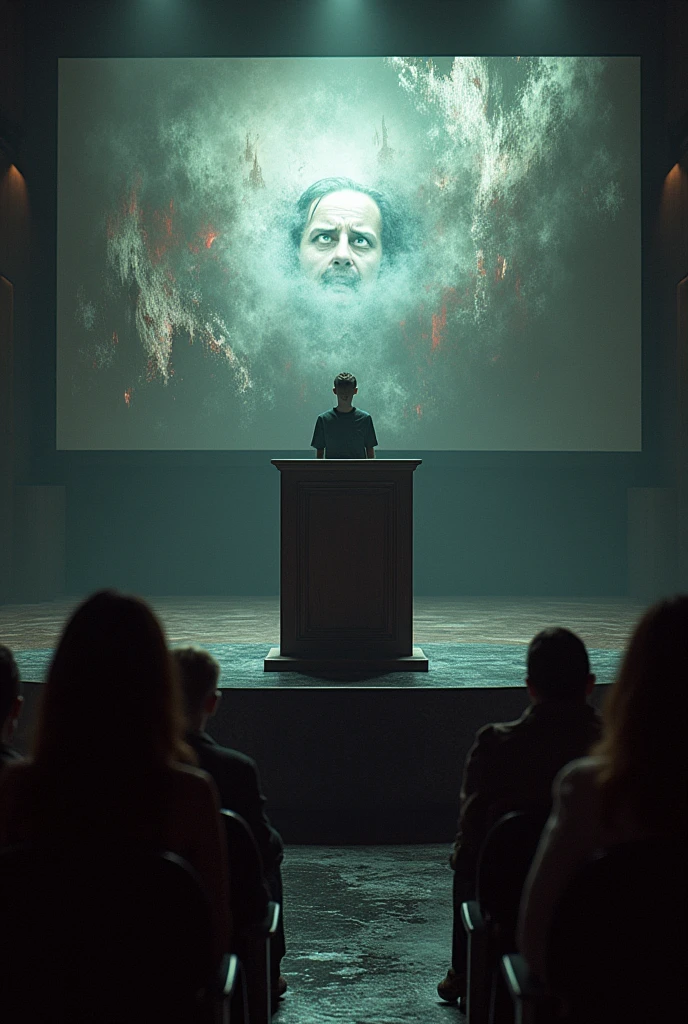 Create a surreal and powerful image that represents the speaker's emotional experience when facing the audience., Using a visual metaphor for fear and panic. The scene must capture the contrast between the speaker's terrifying perception and the reality of his surroundings..
Architecture and Design:
Auditorium Atmosphere: Design the auditorium in a surrealist style, mixing elements of a modern environment with details that evoke a dreamlike space. Imagine a scene that distorts and disintegrates in the distance, with a design that suggests a place of large scale and pressure.
Stage and Pulpit: The pulpit must be dramatic, like an elevated platform made of dark, textured materials that suggest a sense of claustrophobia. The background must show a projection that distorts reality, with visual elements that suggest chaos and threat.
Environment and Projections:
Background Projection: The projection in the background should be abstract and ominous., showing shadows and figures that suggest predators or fearsome creatures. the text "Oratoria y Storytelling" must appear disturbingly in the middle of a distorted landscape, with dark colors and shades of red and black to accentuate the fear.
Special effects: Add visual distortion and fog effects to create an eerie atmosphere. Use flashing lights and moving shadows to heighten the sense of anxiety and danger.
lecturer y public:
lecturer: Shows the speaker standing at the pulpit, with a posture that reflects extreme nervousness and panic. Your face must be clearly visible, showing an expression of absolute terror. Dress the speaker in modern clothing that contrasts with the surreal surroundings., to highlight their vulnerability.
public: The audience is represented as a collection of shadows and distorted figures that evoke the shape of predators rather than people.. Details should be vague and threatening., co