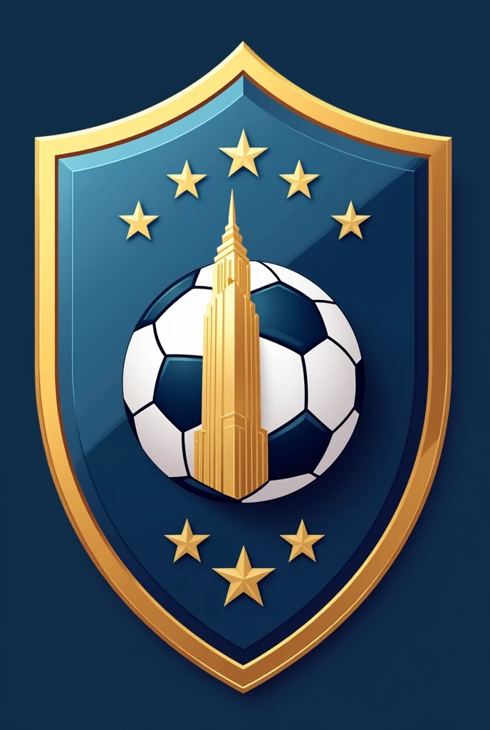 Shield for soccer team , WITHOUT LETTERS AND THAT THE COLOR GOLD WITH BLUE AND WHITE PREDOMINATES AND THAT IT IS ELEGANT AND THAT IT INCLUDES AN ELEGANT SOCCER BALL WITHOUT LETTERS OR NUMBERS AND THAT IT HAS AN IMAGE OF THE COLPATRIA TOWER AND THAT IT IS VERY ELEGANT AND YOUTHFUL
