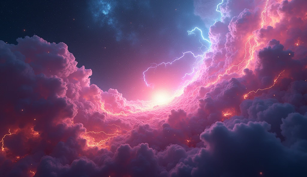 a plasma energy nebula neon-glowing on deep space cosmos colorful vibrant colours, powerful lightning bolts, strong light rays, lightning meteors raining, 8k, HD, highly detailed, intricate, ultra realistic, masterpiece, amazing, perfect