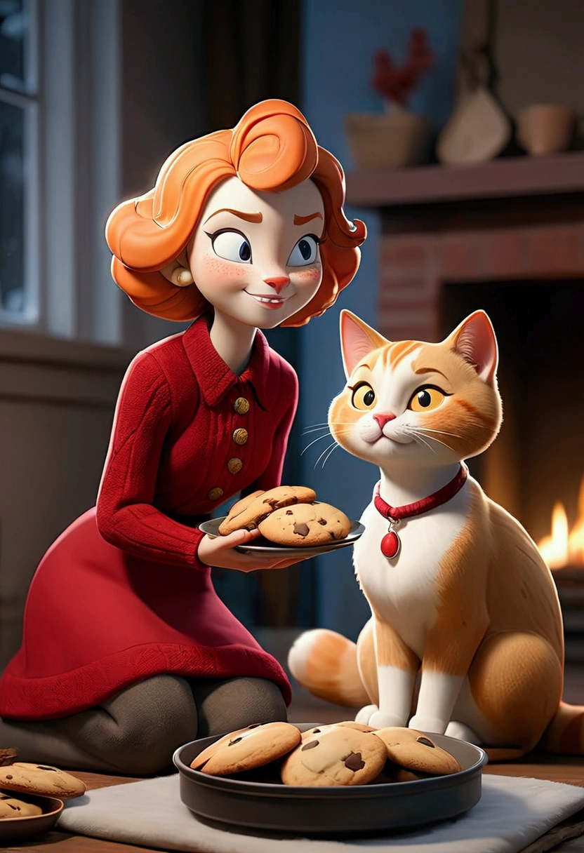 Winter Evening, a cozy room, warm house, stacking firewood, with a tray of freshly baked cookies in front, a young cat ginger wearing casual clothes sitting front of a mature cat wearing red classy dress, talking smiling