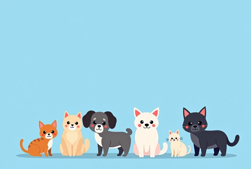 (The picture is simple and mostly blue solid background),Simple little cute dogs and cats cartoon character picture below