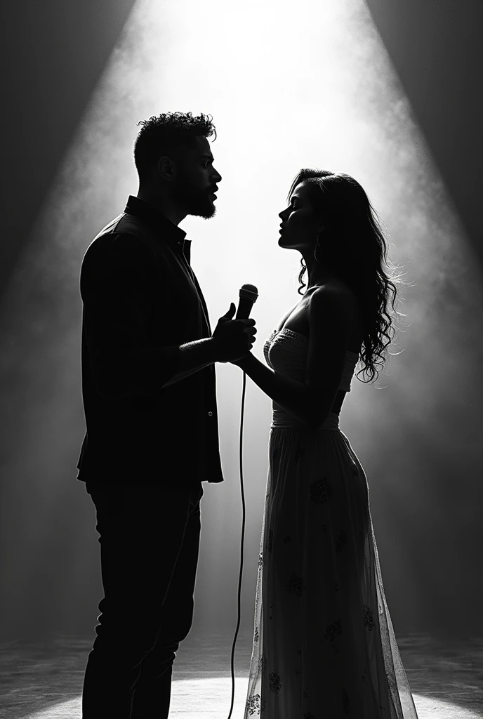 1 tall strong black male singer and 1 white female singer singing facing each other on stage, black and white silhouette, drawing stroke