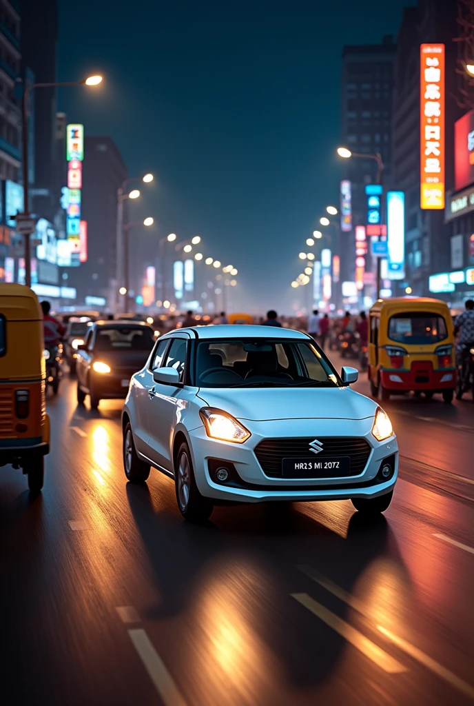 White swift vdi with registration number HR13 M 2072 driving in indian traffic night