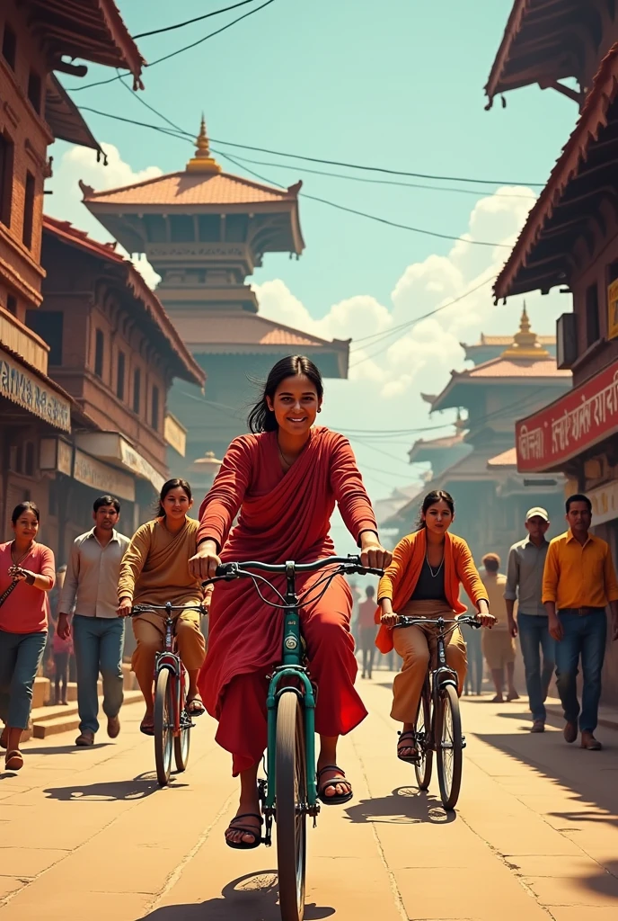 Will please create a photo of people riding bike in the middle of beautiful heritage basantapur and saying momo aayo momo