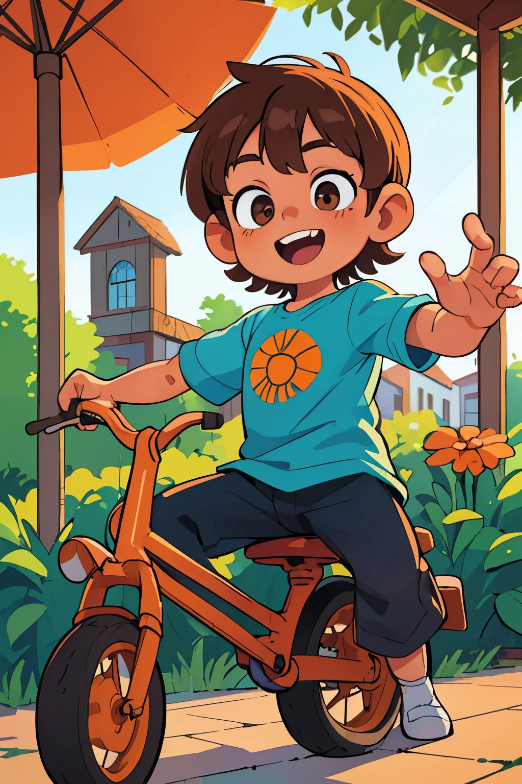 (best qualityer,4K,8k,high resolution,work of art:1.2),ultra detali,realisitic,portraite, a young boy, ***,beautiful detailed Brown eyes, detailed, happy in a beautiful sunny day , playing With a Orange bike, illustration style,swirly vibrant colors,warm hues,soft lighting,green garden background