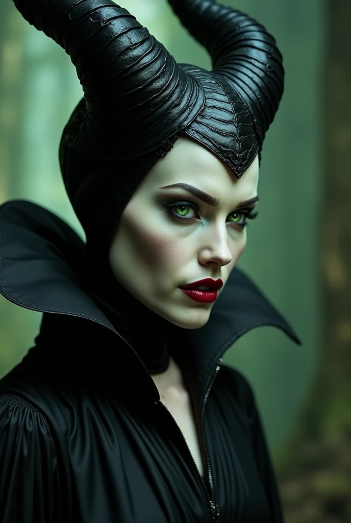 Maleficent in the process of transforming into a dragon, she is not quite human, yet not quite a dragon, her eyes are glowing a pale green, dark red lipstick, powerful
