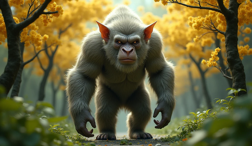 Front view，There is a wild beast in the osmanthus forest，Looks like an ape but has white ears，Standing and walking（best quality，4K，8k，High level，masterpiece：1.2），Ultra Detailed，（lifelike，Photo real，Photo real：1.37）