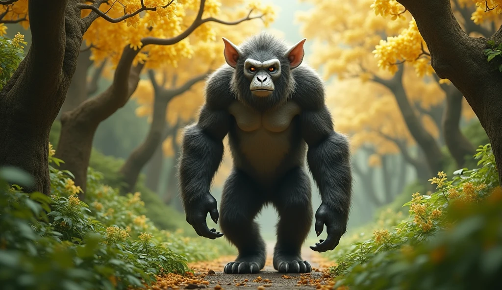 Front view，There is a wild beast in the osmanthus forest，Looks like an ape but has white ears，Standing and walking（best quality，4K，8k，High level，masterpiece：1.2），Ultra Detailed，（lifelike，Photo real，Photo real：1.37）