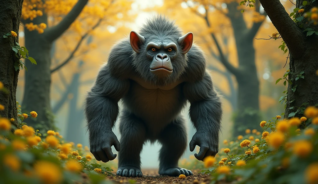 Front view,There is a wild beast in the osmanthus forest,Looks like an ape but has white ears,Standing and walking(best quality,4K,8k,High level,masterpiece:1.2),Ultra Detailed,(lifelike,Photo real,Photo real:1.37)