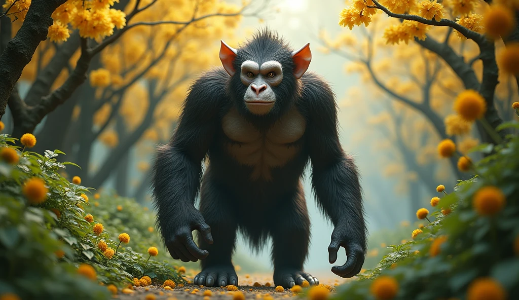 Front view，There is a wild beast in the osmanthus forest，Looks like an ape but has white ears，Standing and walking（best quality，4K，8k，High level，masterpiece：1.2），Ultra Detailed，（lifelike，Photo real，Photo real：1.37）