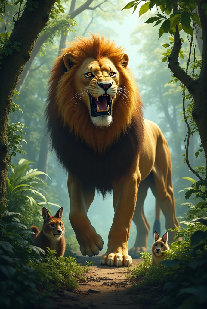 The Angry Lion in the Jungle:A fierce lion with a thick mane roars in the middle of a dense jungle. The trees are tall, with green leaves and vines hanging down. Other animals like deer, rabbits, and monkeys are seen hiding in fear behind the trees. The lion's expression is angry and intimidating.