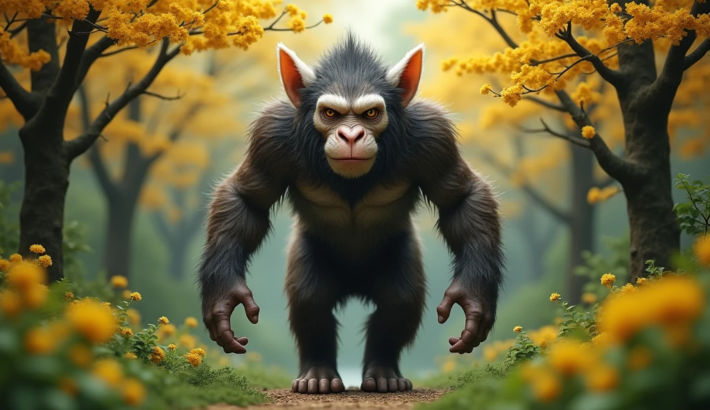 Front view,There is a wild beast in the osmanthus forest,Looks like an ape but has white ears,Standing and walking(best quality,4K,8k,High level,masterpiece:1.2),Ultra Detailed,(lifelike,Photo real,Photo real:1.37)