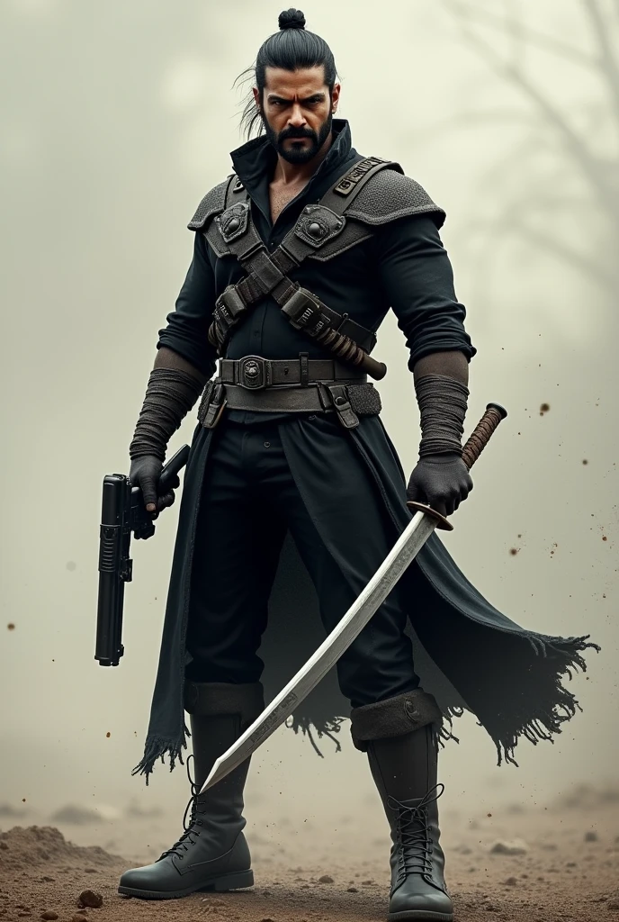 Prabhas with tying hair back hairstyle & beard, holding gun in one hand and holding sword in other hand, wearing black plain cammando suit