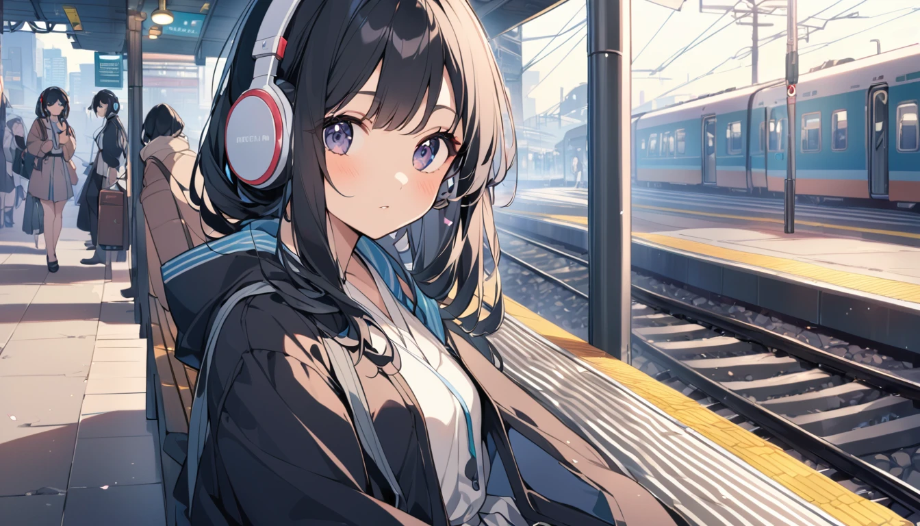 A woman with black hair and cute clothes sitting on a bench on the station platform waiting for a train,Streetscape、Listening to music with headphones、Japanese