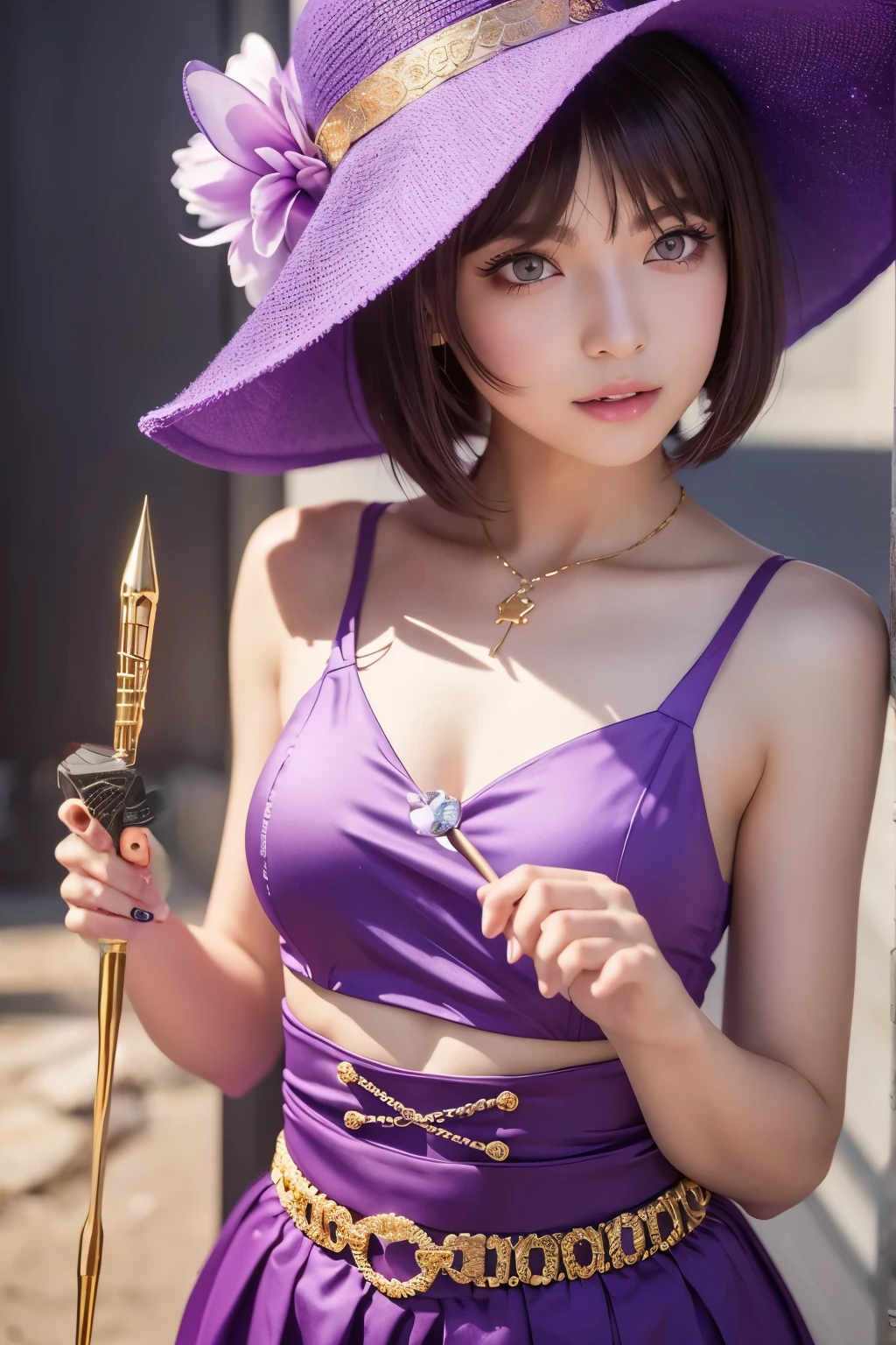 (Female wizard), beatiful girl, thin girl, thin waist, small breast, slender legs, gap between thighs, (witch hat), stockings, elbow gloves, short dress, (purple dress), (nsfw), (no panties), cowboy shot ,medieval fantasy, D&D, RPG, best quality, masterpiece, ultra-realistic, 8k