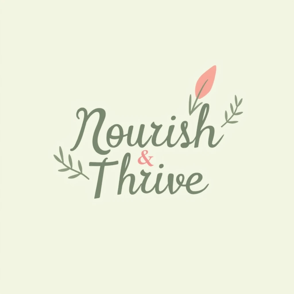 Create a minimalist and elegant profile image featuring the name 'Nourish & Thrive' centered. Use a soft and feminine color palette, such as pastel greens and light pinks, evoking a sense of health and well-being. Incorporate subtle elements like a leaf or a growth symbol, such as a small plant, to represent the concept of nourishment and thriving. The typography should be modern, clean, and slightly cursive to convey softness and warmth, appealing to a female audience. The background should be light and simple, allowing the name and symbols to stand out harmoniously.