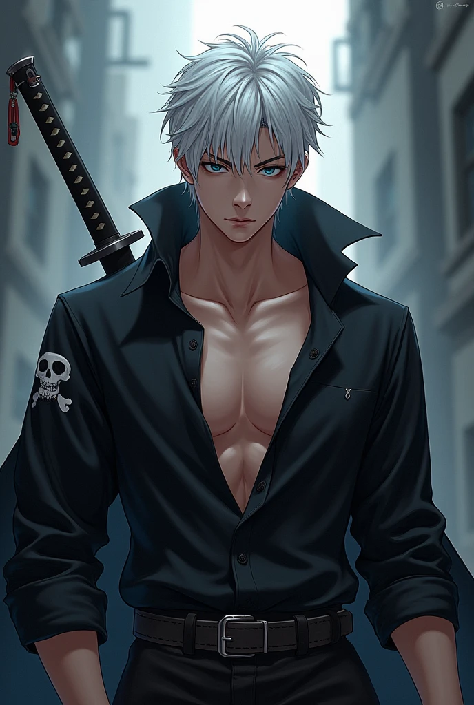 short white hair anime handsome boy with emotionless dark blue sharp eyes, white hair toned, with katana wearing open wide collar black shirt with a pirate cape in the shoulders
