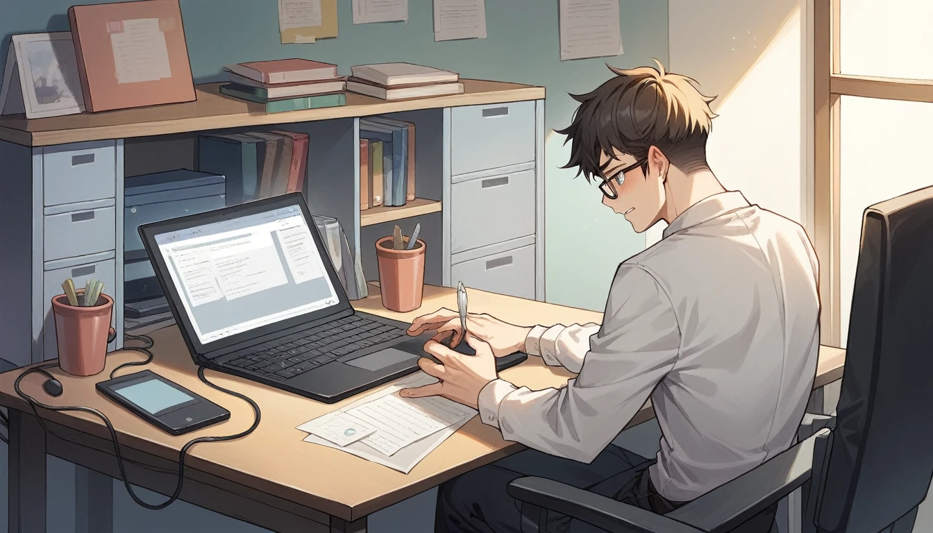 A person is sitting on a chair, a computer is placed on the table, he is editing a video on it, a computer, laptop, mobile, glasses are placed on the table, the background is a studio background light and all of it is towards the front.