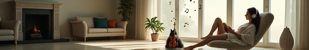 Full body shot of a girl lying on an armchair in a large room,  girl in white bikini ,wearing a thin white robe covering a bikini , smile relax, lying on the couch reading a book, wear headphones, birds singing by the window, confused cat holding violin, musical notes flying in the room, logo “Relax & Laugh” out loud, dark black.balanced photo layout, Harmony to make SEO standard banner