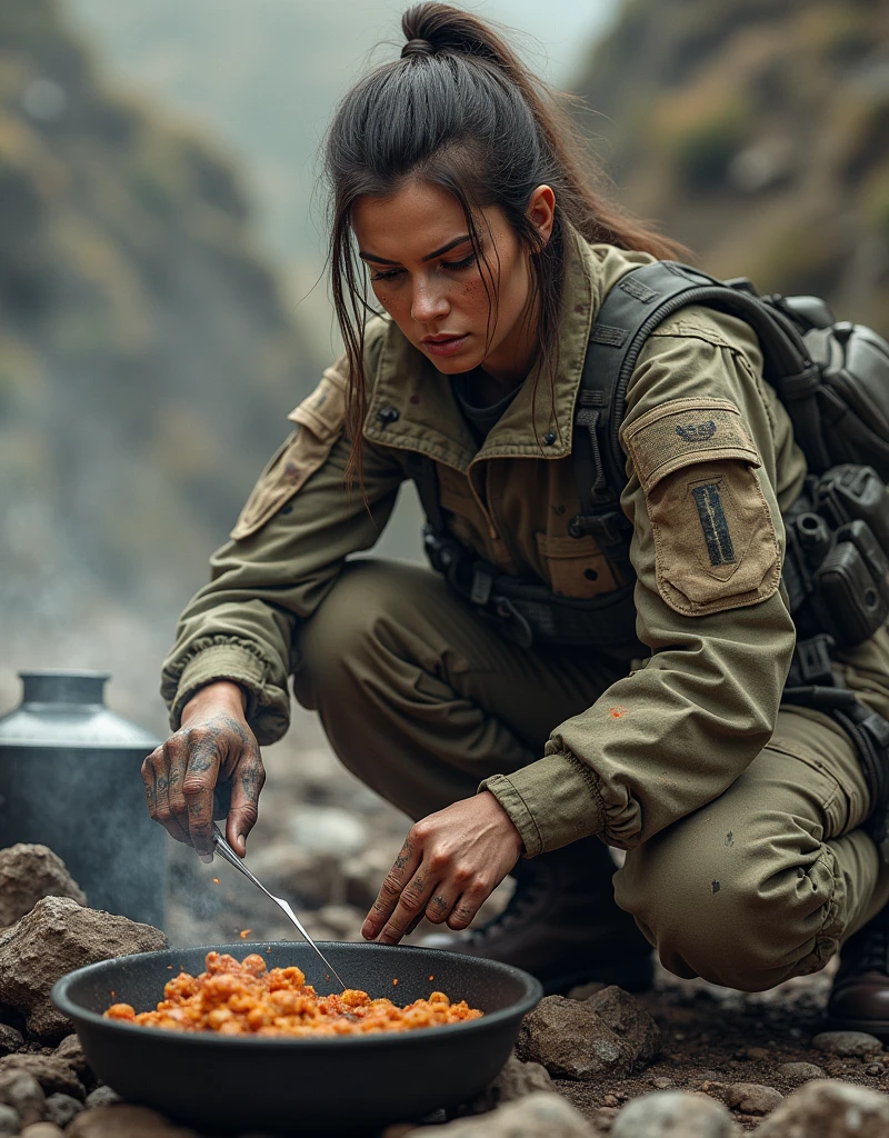 (Photorealism:1.2), Sexy woman, Female soldier cooking food, Combat Uniform