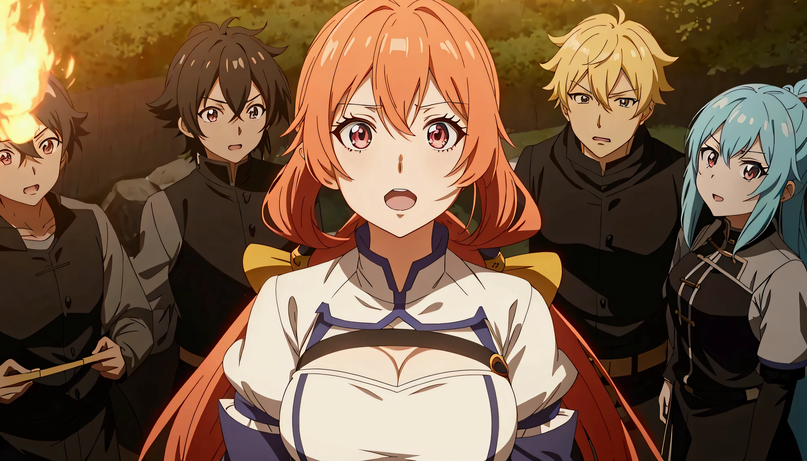 a group of anime characters standing around a fire, ayaka genshin impact, screenshot from the anime film, popular isekai anime, ayaka game genshin impact, konosuba, still from tv anime, screenshot from a 2012s anime, konosuba anime style, in the anime film, today's featured anime still, still from anime