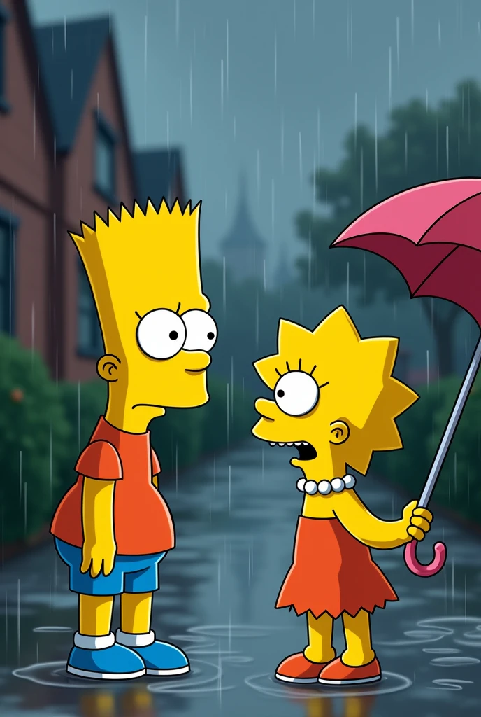 Bart e Lisa Simpson. it&#39;s raining. Bart is turning his face away ignoring Lisa who is in front of him. Bart is dissatisfied. Bart holds the umbrella. Lisa expresses exaggerated surprise. They are both facing forward.