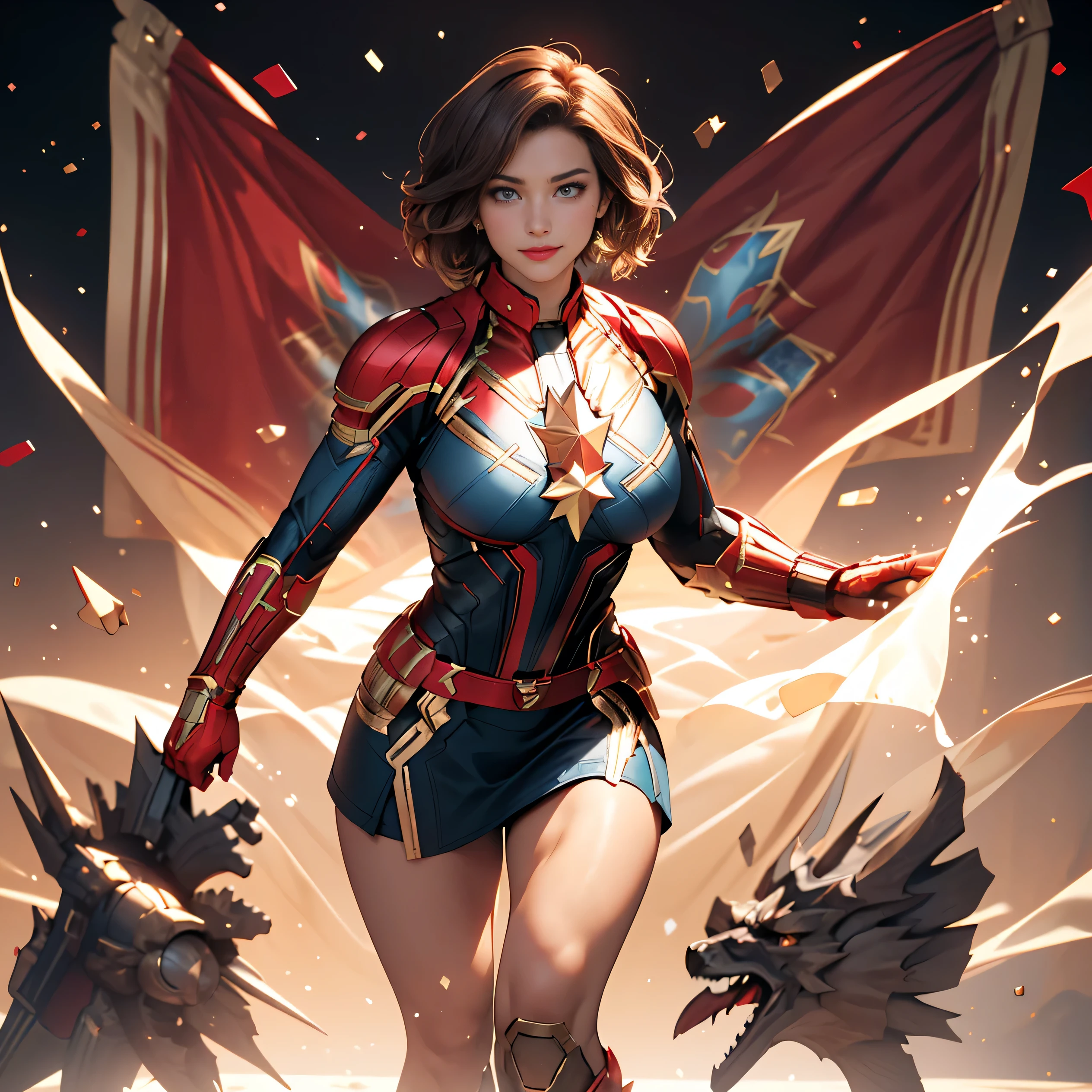 Pretty Caucasian (female), Sarah Shahi, a slim but muscular body, huge breasts, dark brown messy hair, blue eyes, ((bright red lipstick)), ((seductive smile)) ((big bright blue eyes looking towards the viewer)) ((short messy dark brown hair)) ((big breasts:1.6)) ((slender body:1.3)) (wearing captain marvel costume, [[[ultra micro miniskirt, very very very micro miniskirt exposing full lengthy thick thighs]]], )) ((in battle ground)) ((high definition:1.5), ((pale lights)) ((masterpiece:1.5))((8k:1.5)) ((Best quality:1.4)), detailed eyes, detailed hands, detailed fingers, detailed beautiful thighs, large explosive cleavage, , standing spread legs, (( full body shot)) (((view from front))),
