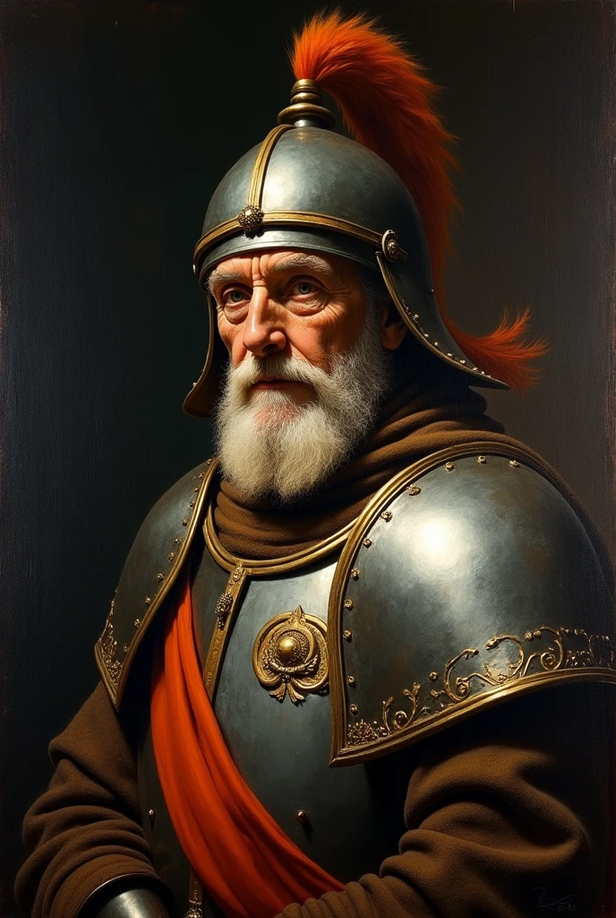 masterpiece, Baroque, high contrast, realism, Black background, rembrant painting style, old man in armor, and metal helmet with feather, very bright, a lot of detail, old painting style, Baroque, oil painting, warm tones, Caravaggio,