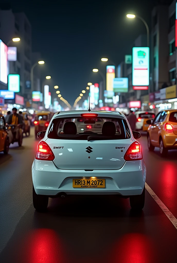 White swift vdi with registration number HR13 M 2072 hsrpdriving in indian traffic night